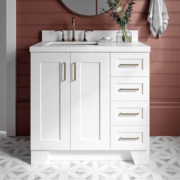 ARIEL Taylor 36.25 in. W x 22 in. D x 36 in. H Single Sink Freestanding Bath Vanity in White with Carrara Quartz Top