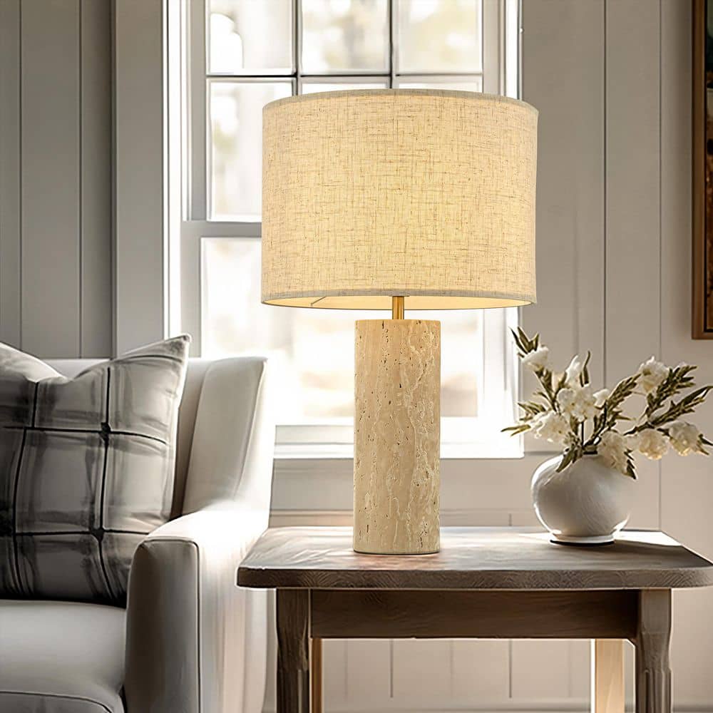 23 in. 1-Light Farmhouse Table Lamp with Cylinder Natural Travertine Stone 