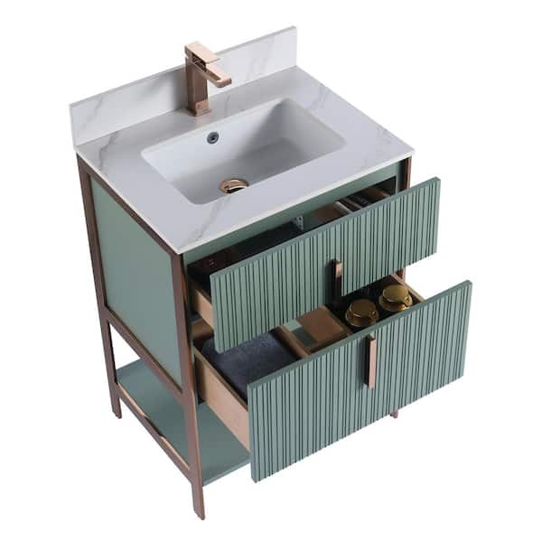 FINE FIXTURES 24 in. W x 18 in. D x 33.5 in. H Mint Green Bath Vanity with White Carrara Sintered Stone Top with Rose Gold Hardware
