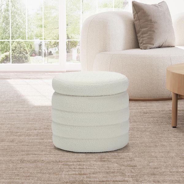 Bayville Modern 16" Tall Sherpa Fabric Tufted Round Storage Ottoman in Cream