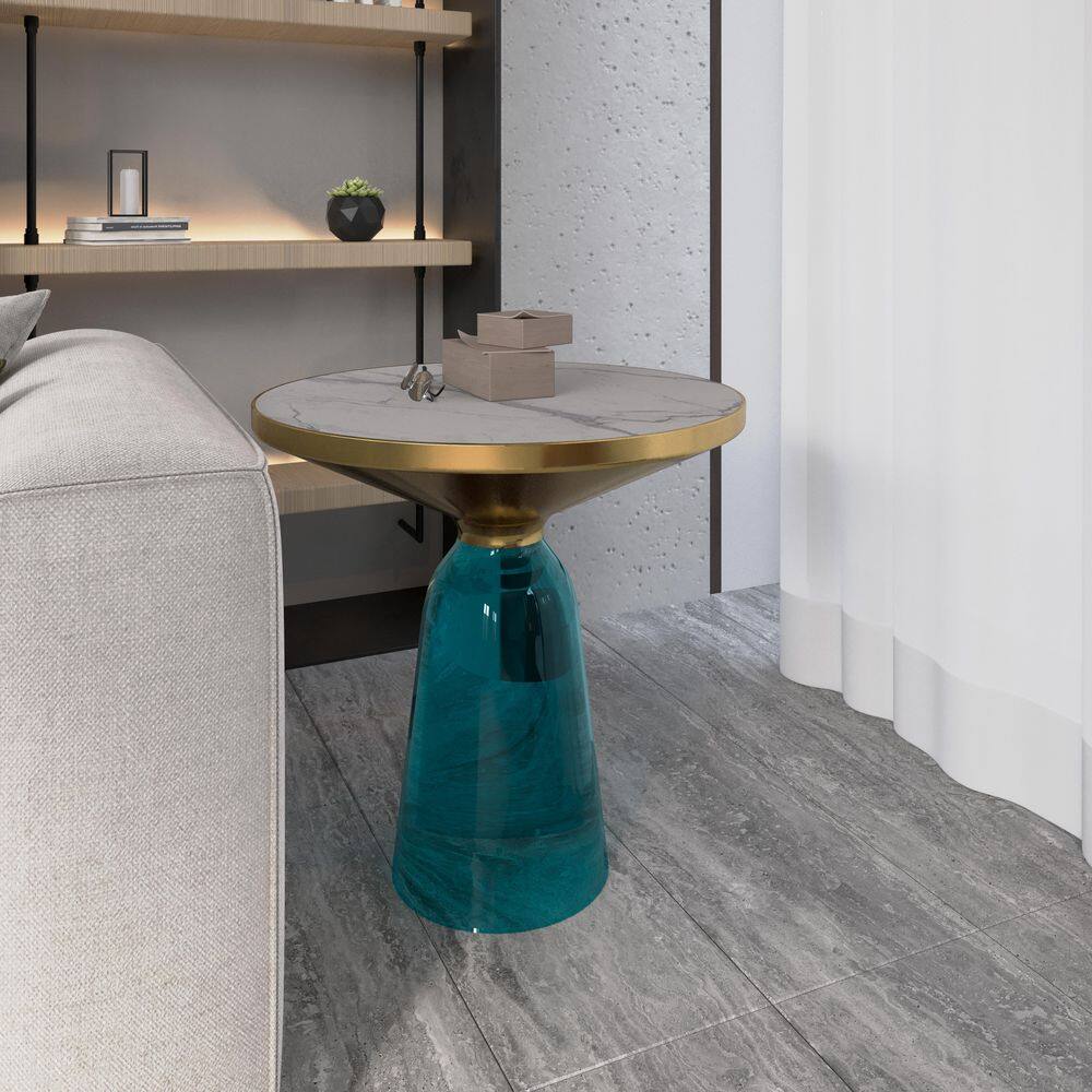 19-Inch Round End Table Stone Tabletop Gold Iron Rim Frame Side Table With Glass Pedestal Base in Blue/White Stone