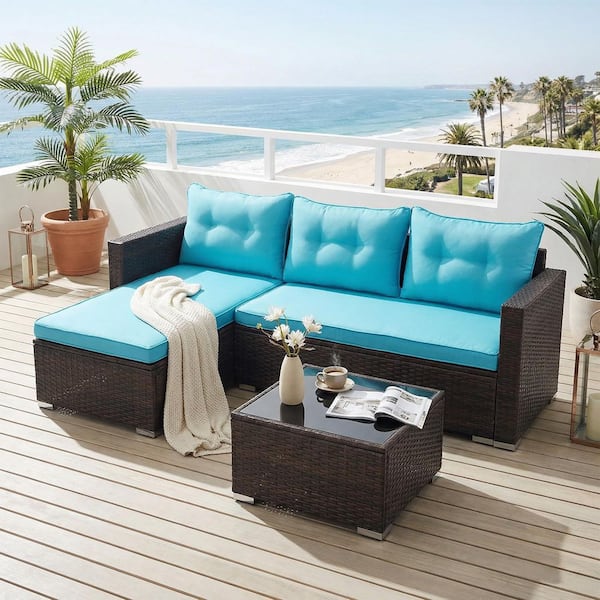 Grey 3-Piece Wicker Outdoor Sectional Set with Light Blue Cushions