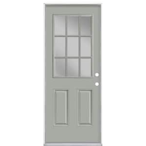 32 in. x 80 in. 9 Lite Silver Cloud Left Hand Inswing Painted Smooth Fiberglass Prehung Front Exterior Door, Vinyl Frame
