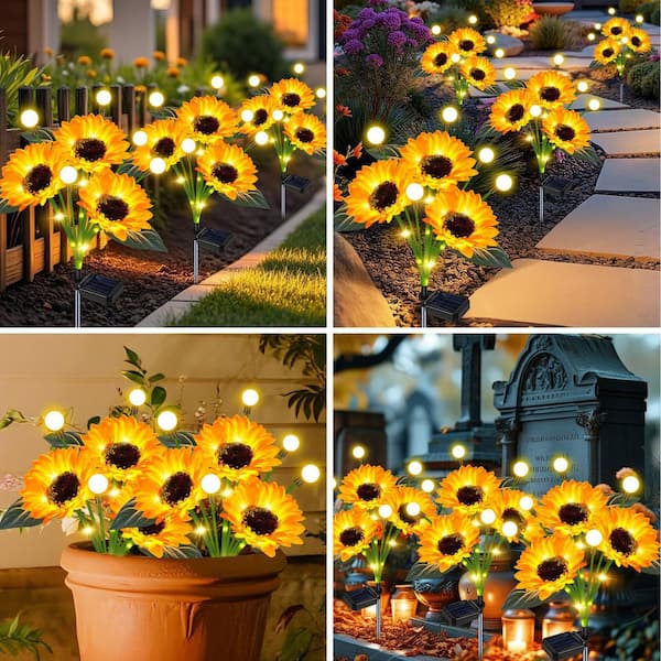 MOEPISY 4 Pack Sunflower with Firefly Lights, Solar Flowers Lights