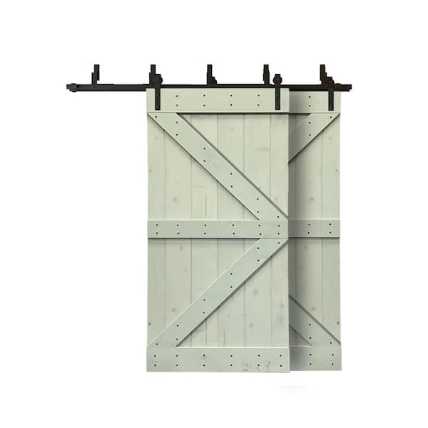 CALHOME 84 in. x 84 in. K Series Bypass Sage Green Stained Solid Pine Wood Interior Double Sliding Barn Door with Hardware Kit