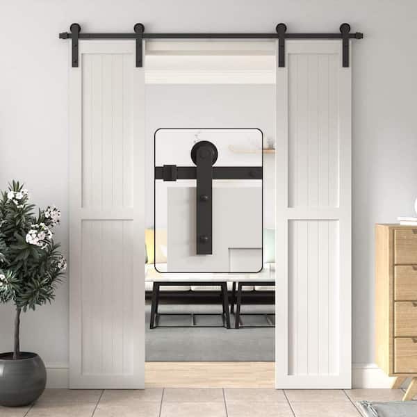 9 ft./108 in. Frosted Black Strap Sliding Barn Door Track Hardware Kit for Double Wood Doors Non-Routed Floor Guide