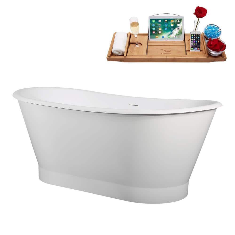 67" Glossy White Acrylic Freestanding Soaking Bathtub with Bamboo Tray