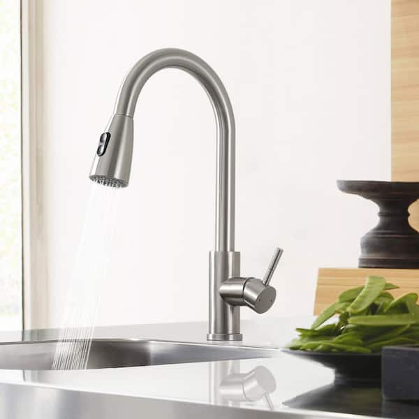 15.67 in. Stainless Steel Single Handle 360 ° Spout Swive Pull Down Sprayer Kitchen Faucet in Brushed Nickel