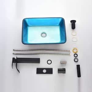 Handmade Countertop Glass Rectangular Vessel Sink in Blue with Single-Handle Faucet and Pop Up Drain in Matte Black