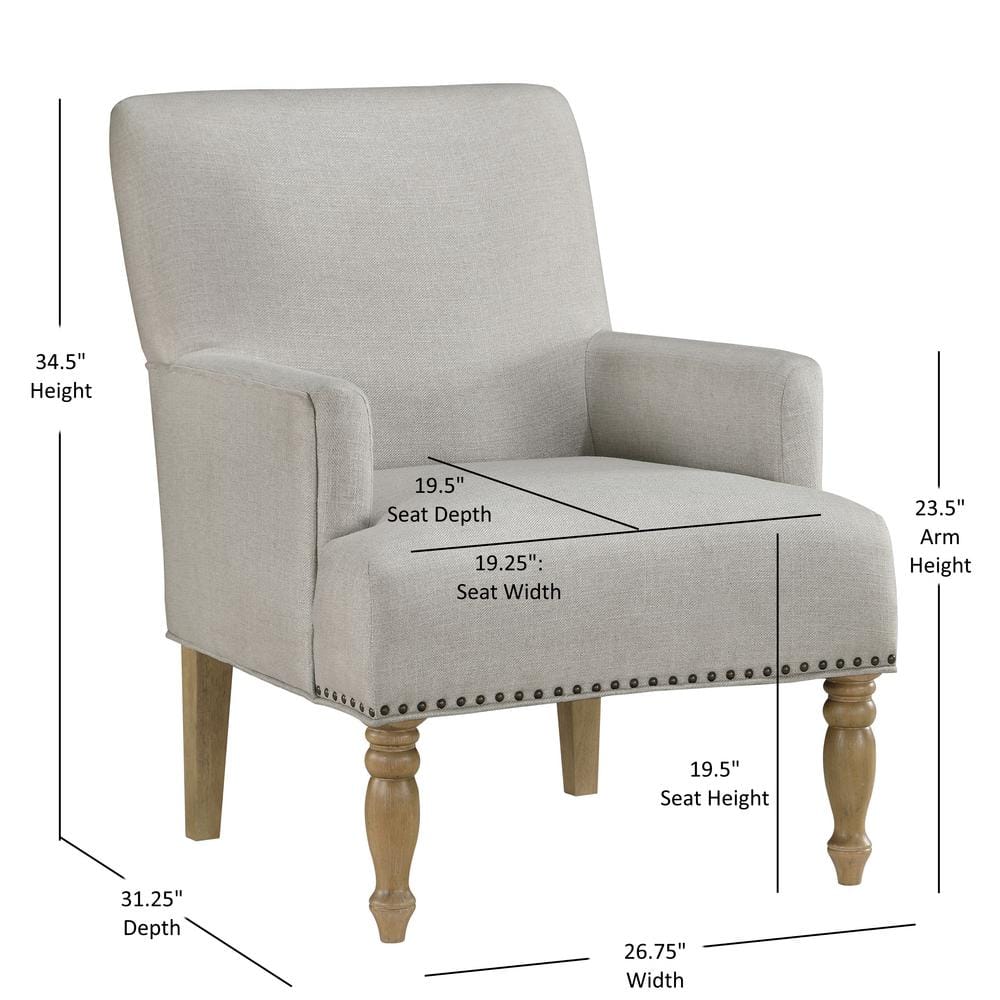 Beige Upholstered Accent Chair with Nailhead Trim and Wood Legs