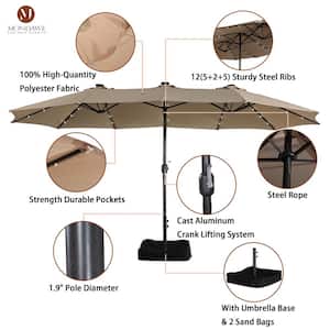 15 ft. Patio Market Umbrella Double-Sided Outdoor Patio Umbrella,UV Protection with Base and Solar LED Lights in Tan