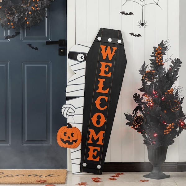 38 in. H and 42 in. H Halloween Wood Mummy and Welcome Coffin Porch Decor, Set of 2 or 1 Piece (2 Function)