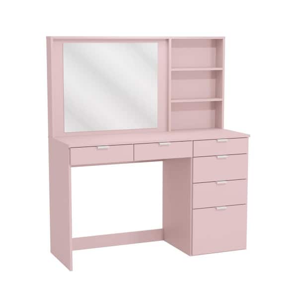 K1 INTERNATIONAL GROUP L Carpi Makeup Vanity Mirror,6-Drawers Storage Niches, Rose Pink, Dressing Table, 54.33 in. H x 47.25 in. W x 17.7 in. D
