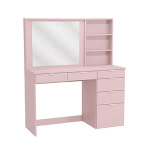 Carpi Makeup Vanity with Mirror,6-Drawers & Storage Niches, Rose Pink,Dressing Table, 54.33in.H x 47.25in. W x 17.7in. D