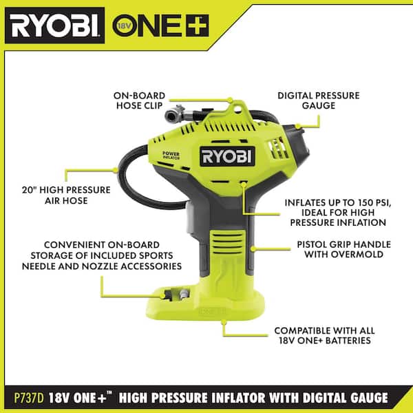 RYOBI ONE+ 18V Lithium-Ion Cordless High Pressure Inflator with 