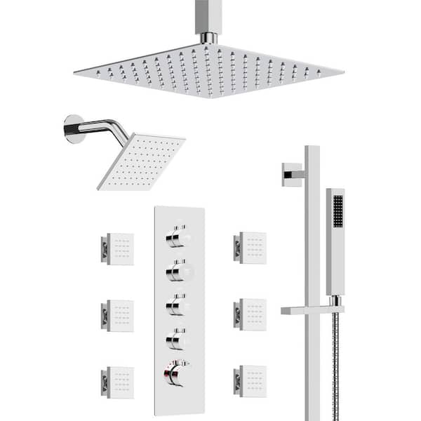 Thermostatic 5 Handles 15-Spray Shower Faucet Dual Shower Heads 2.5 GPM with Slide bar in Chrome (Valve Included)