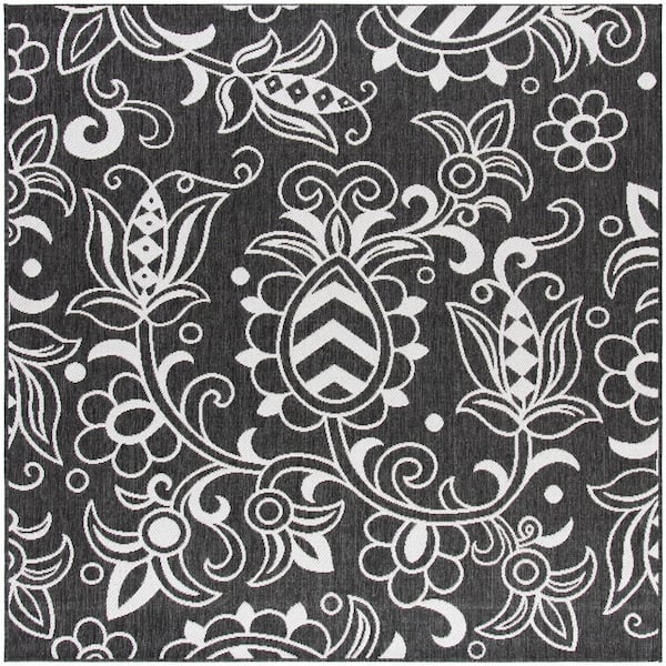 SAFAVIEH Beach House Black/Light Gray 7 ft. x 7 ft. Square Abstract Medallion Indoor/Outdoor Area Rug