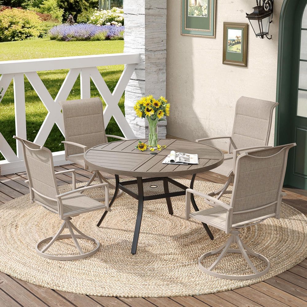 5-Piece Metal Textilene Outdoor Dining Set with Gray Wood-Like Round Table and 4 Swivel Dining Chairs in Sandshell price history on PriceWatchPro