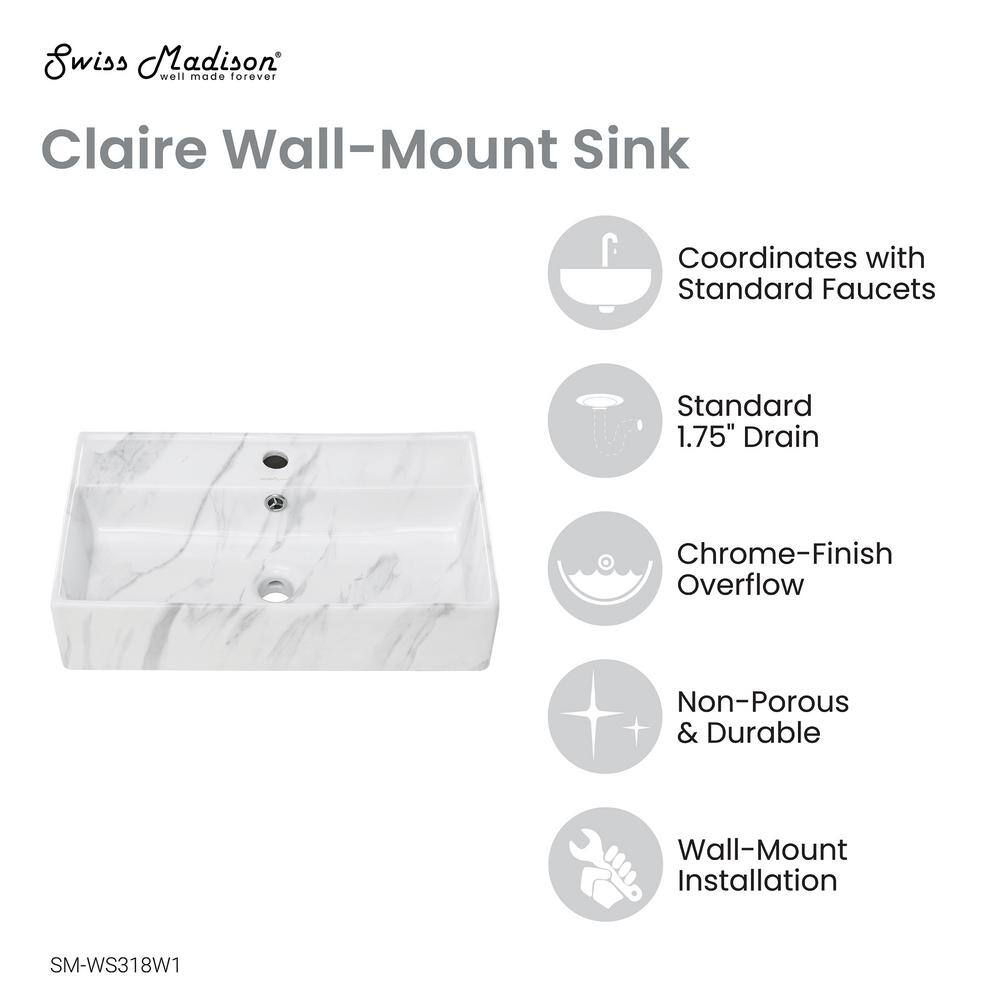 Claire 22" White Marble Ceramic Wall-Mount Bathroom Sink