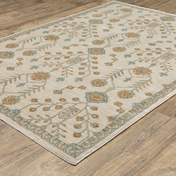 Maco Beige/Rust 10 ft. x 13 ft. Oriental Floral Polypropylene Fringe-Edge Indoor Area Rug