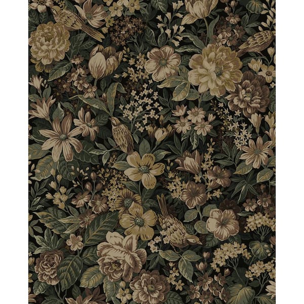 30.75 sq. ft. Spice and Green Ash Vintage Bird Garden Vinyl Peel and Stick Wallpaper Roll