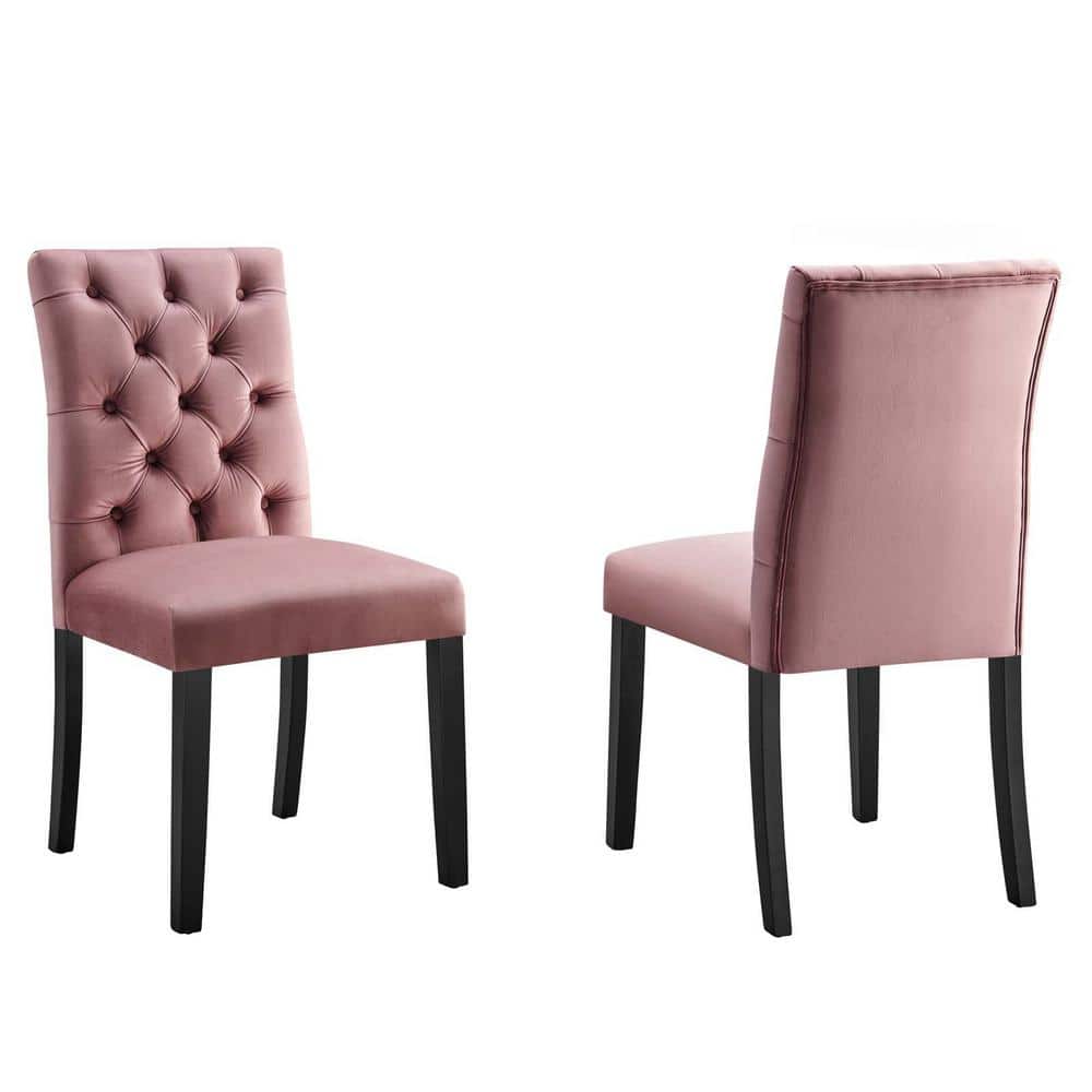Dusty Rose Velvet Curvy Tufted Side Chair with Wood Legs