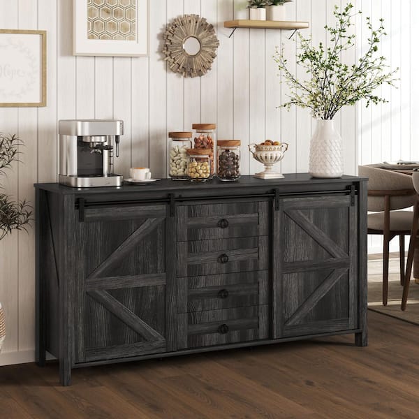 Farmhouse Sideboard Cabinet, Distressed Dark Gray Particle Board 59.8 in. Sideboard with Adjustable Shelves, Drawers