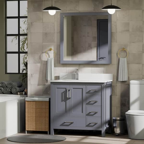 Lexora Jacques 36 in. W x 22 in. D Left Offset Dark Grey Bath Vanity and White Quartz Top