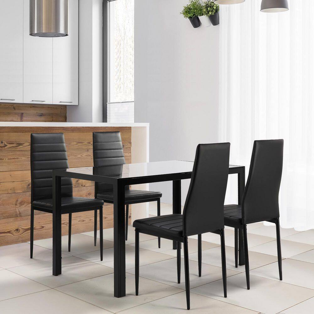 5 Piece Rectangular Black Glass Top Dining Table Set Seat 4