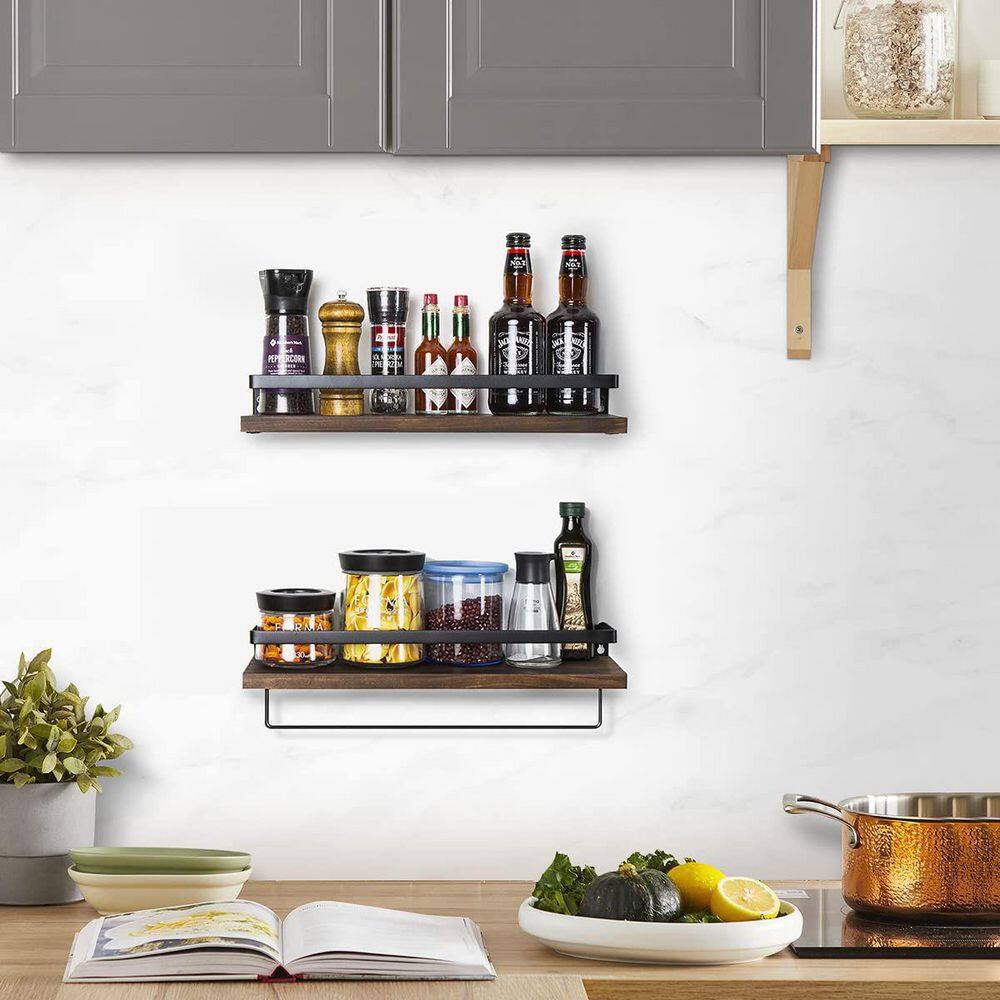 Brown Wood Floating Wall Shelves with Towel Rack