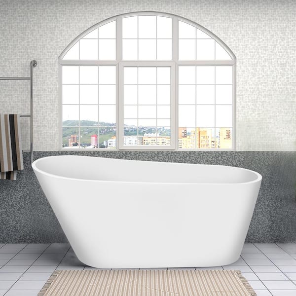 INSTER 55 in. Acrylic Flatbottom Egg Shape Stand Alone Tub Top Sloping Design Non-Whirlpool Bathtub in Gloss White