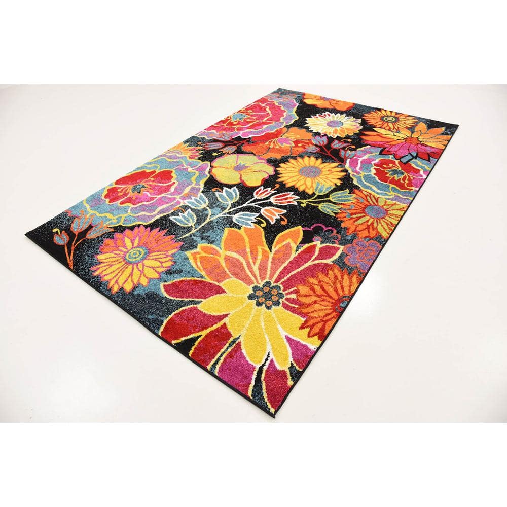 Black Floral Synthetic Rectangular Indoor Area Rug