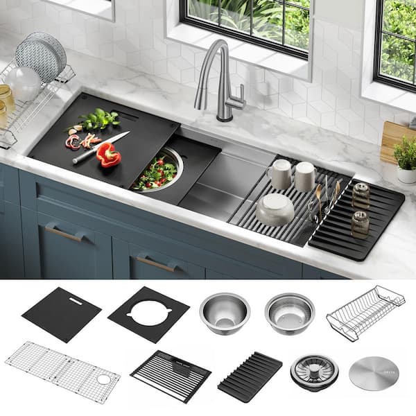 Rivet 16-Gauge Stainless Steel 45 in. Single Bowl Undermount Workstation Kitchen Sink with Accessories