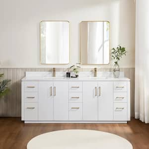 San 84 in. W x 22 in. D x 33.8 in. H Double Bath Vanity in White with White Grain Composite Stone Top and Mirror