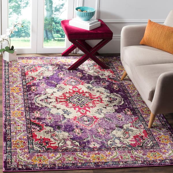 Monaco Violet/Fuchsia 5 ft. x 5 ft. Distressed Border Medallion Square Area Rug