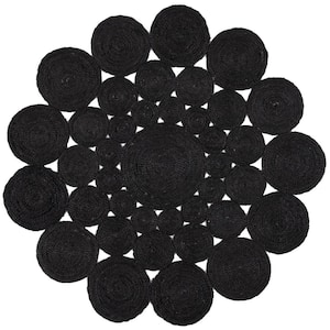 Natural Fiber Black Doormat 3 ft. x 3 ft. Woven Floral Round Area Rug