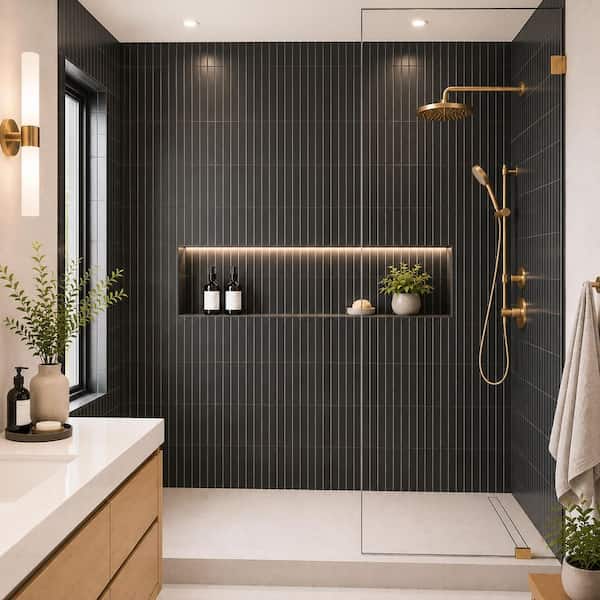 Retro Nero Stacked 12 in. x 12 in. x 0.24 in. Matte Porcelain Mesh-Mounted Mosaic Tile (14.1 sq. ft./Case)