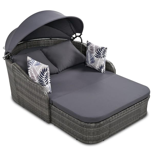 Wicker Outdoor Day Bed with Adjustable Canopy Gray Cushions, Conversation Set for Garden