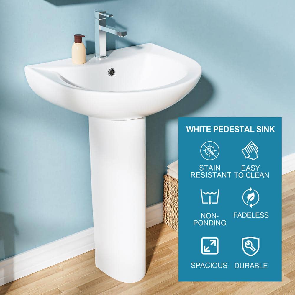 White Ceramic Gloss Pedestal Bathroom Sink with Overflow Drain