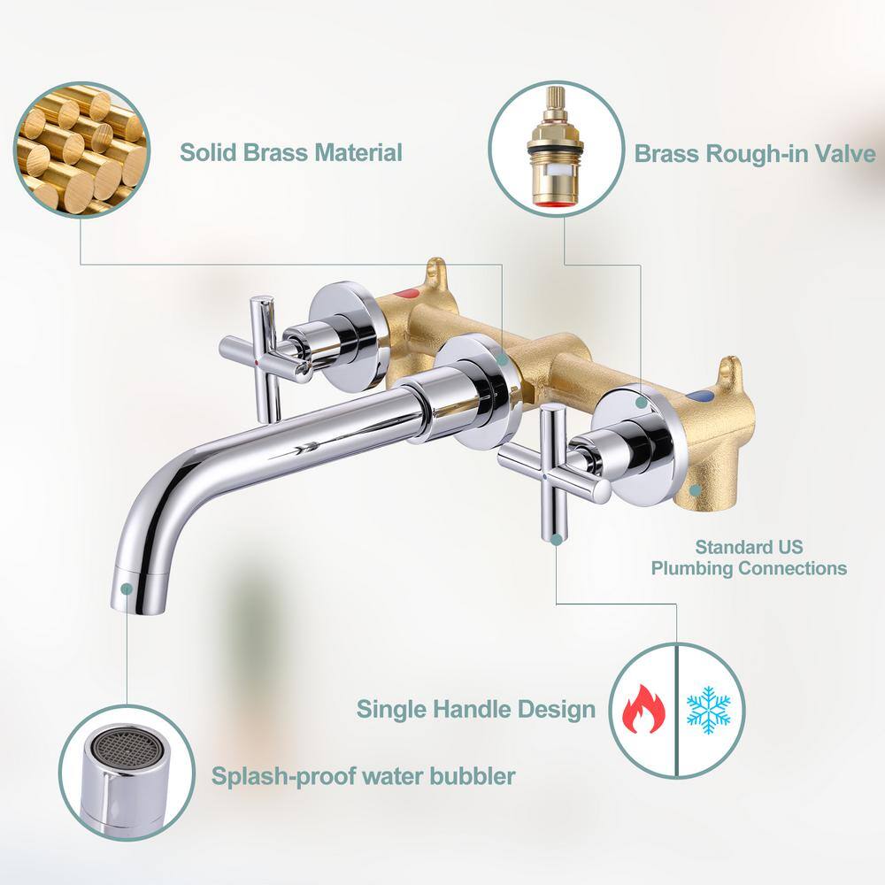 Polished Chrome Wall Mount Double Handle Bathroom Faucet