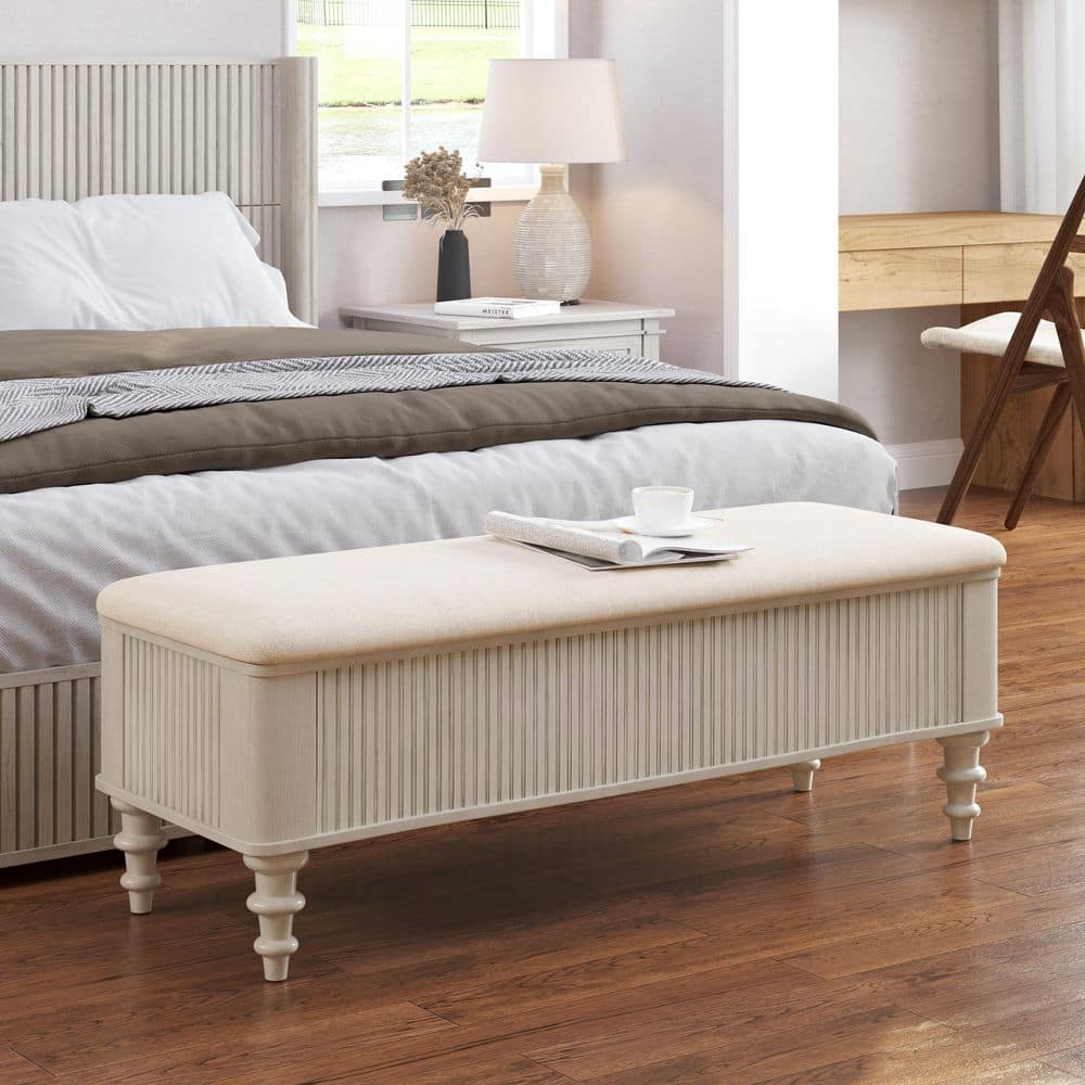 Jake Beige Linen Fabric Upholstered Rectangle Accent Storage Ottoman Entryway Bedroom Bench with Solid Wood Legs