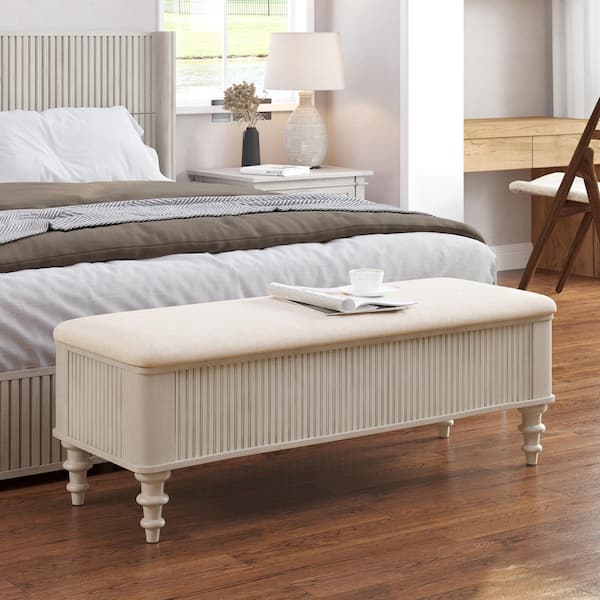 Jake Beige Linen Fabric Upholstered Rectangle Accent Storage Ottoman Entryway Bedroom Bench with Solid Wood Legs