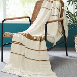 Tarek Ivory / Gold Cotton Knit Throw Blanket