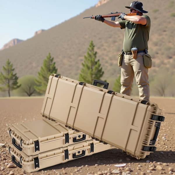 Hard Rifle Case, Khaki, Lockable Rifle Case with Pre-cut Foams, 52 in. Gun Storage with Wheels, Heavy Duty Waterproof
