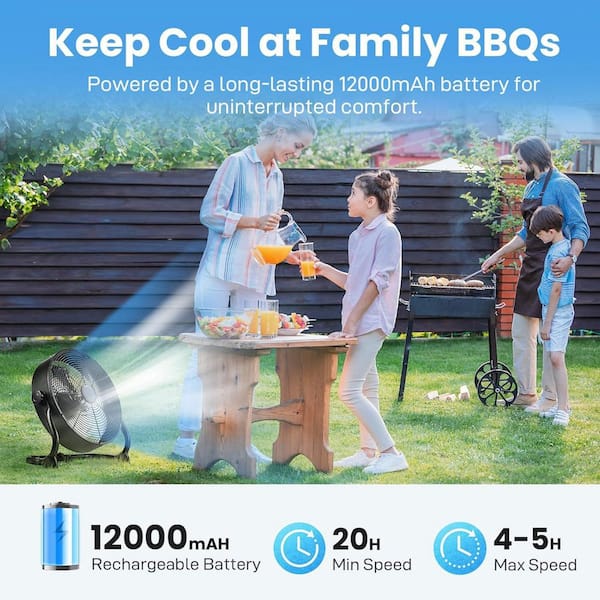 12 in. 9-Speed ​​Battery Powered Floor Fan in Black with 360° Tilt, 20H Run Time for Camping Hurricane Home Warehouse