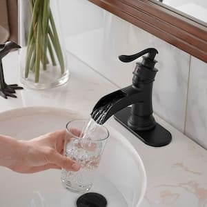 1.2 GPM Waterfall Single Hole Single-Handle Low-Arc Bathroom Faucet Water-Saving Vanity With Drain Kit In Matte Black
