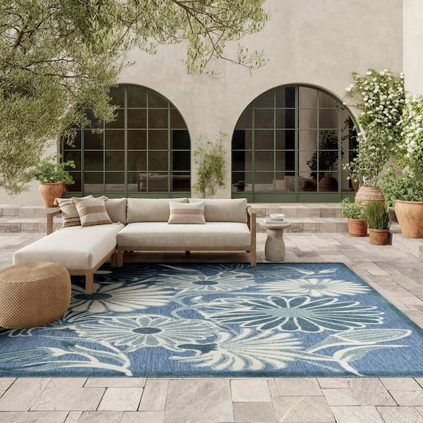 Aloha Blue 9 ft. x 12 ft. Botanical Contemporary Area Rug