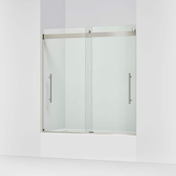 Elmbrook 55-60 in. W x 62 in. H Sliding Frameless Bathtub Door in Anodized Brushed Nickel with Clear Tempered Glass