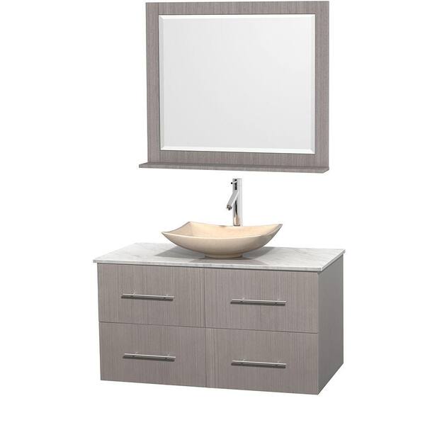 Wyndham Collection Centra 42 in. Vanity in Gray Oak with Marble Vanity Top in Carrara White, Ivory Marble Sink and 36 in. Mirror