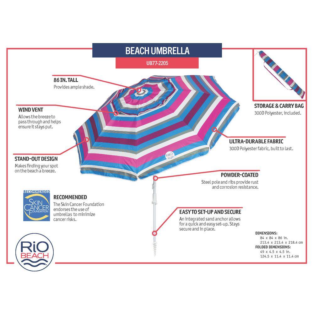 1 New Rio Brands 7' UPF 50+ Beach Umbrella with Integrated Sand Anchor, Multicolor
